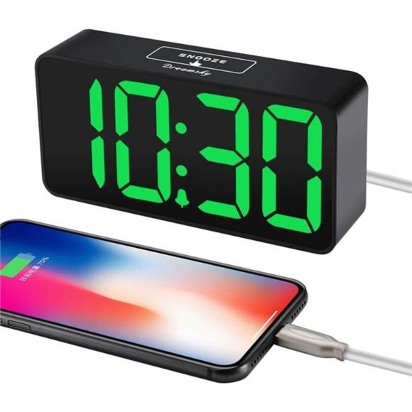 Digital Alarm Clock with USB Port for Charging, 0-100% Brightness Dimmer, Green - Picture 1 of 5
